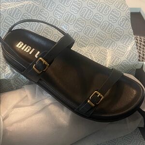 Bibi Lou Black Sandals with Gold Buckles-NWT